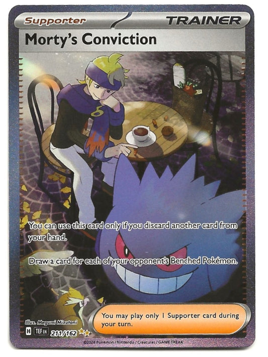 A Pokémon trading card titled "Morty's Conviction" shown against a plain white background. The card features an illustrated scene with a person sitting at a table and a large purple Pokémon in the foreground.
